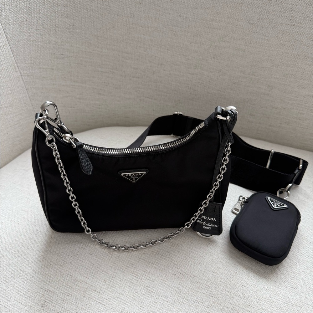 Prada Black and Silver Nylon Shoulder Bag with Chain Strap